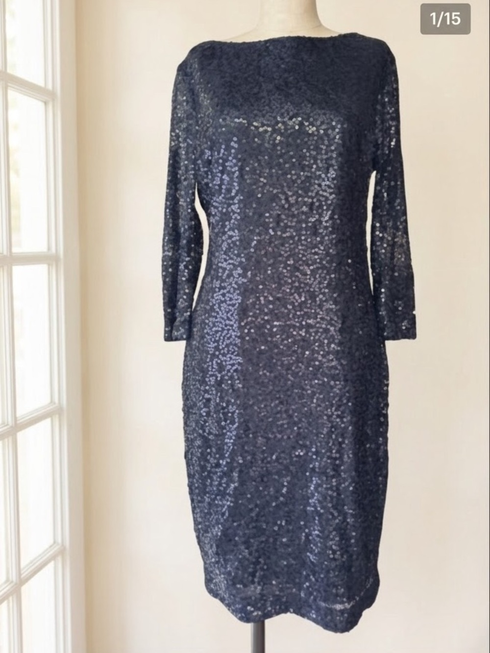 Cache midnight blue Sequin Sheath Dress. Cocktail. Y2K. Vintage size 10